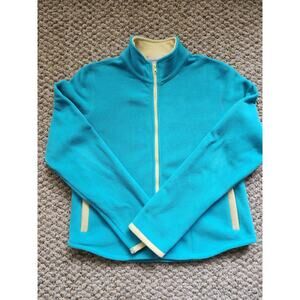 Susan Bristol Large Full Zip Fleece Jacket Turquoise and Yellow Scalloped Bottom